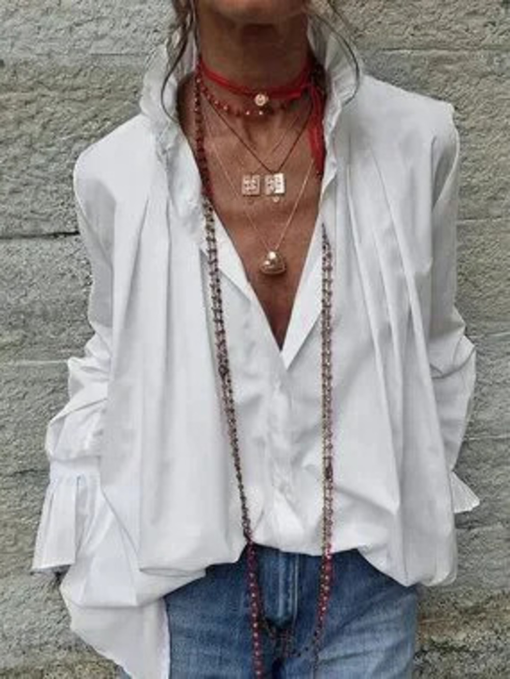 White Casual Women's Stand Collar Flared Ruffle Button Loose Pleated Shirt Top - Picture 4 of 6